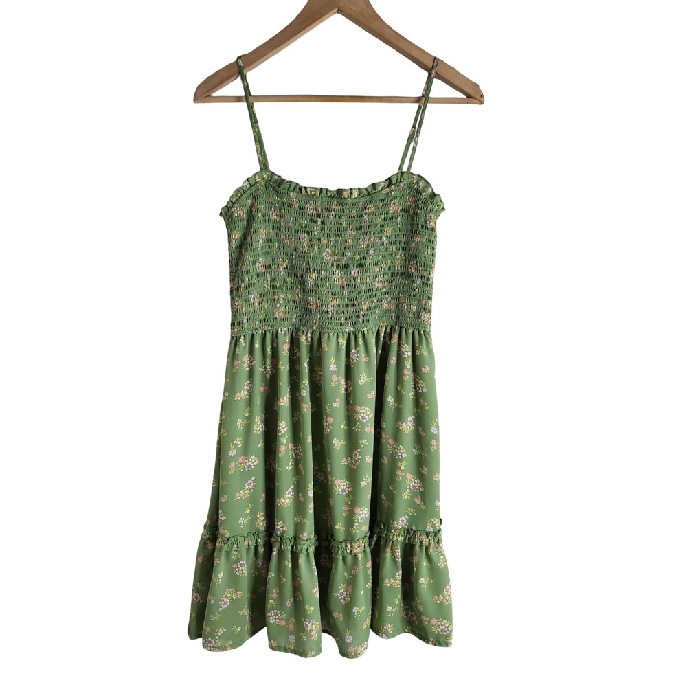 2bella Sage Green Floral Smocked Mini Dress Tiered Ruffle Hem Large Fairycore